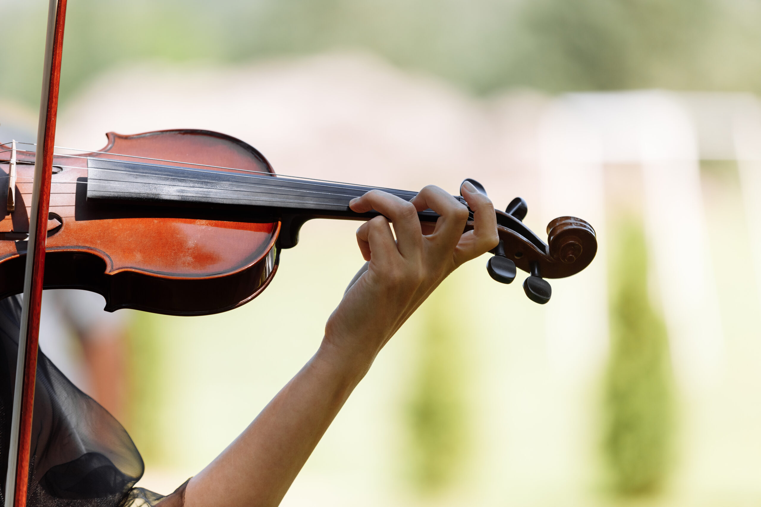The hand of a violinist. musician performing at an outdoor wedding. Curl with violin neck close up. The actor performs at a party. musical instrument.